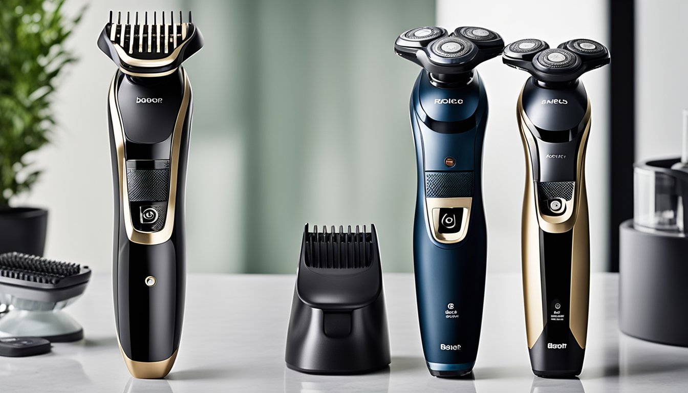 A comparison of price and quality between different beard trimmers displayed on a clean, well-lit countertop