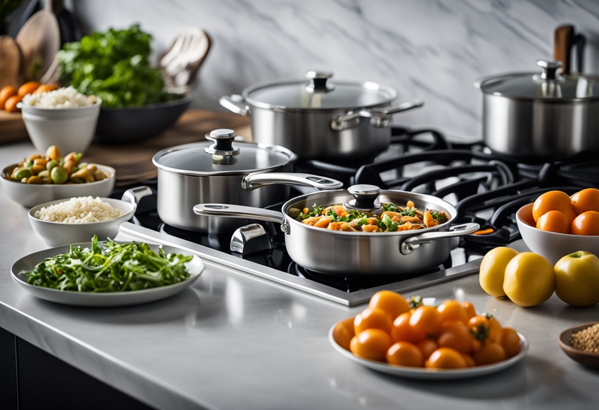 A sleek 4-burner cooktop sits atop a granite countertop, surrounded by modern kitchen utensils and a vibrant array of fresh ingredients ready to be cooked