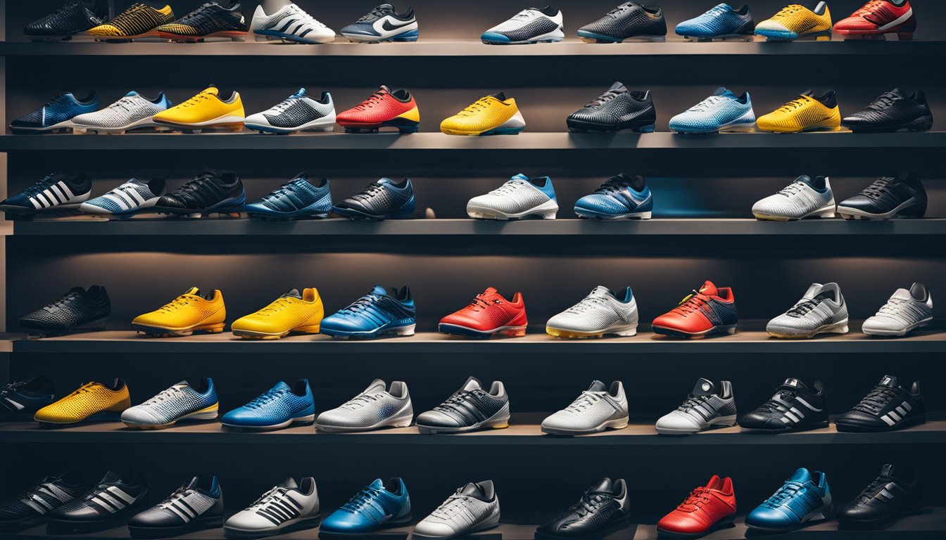 A display of various indoor soccer shoes arranged by skill level