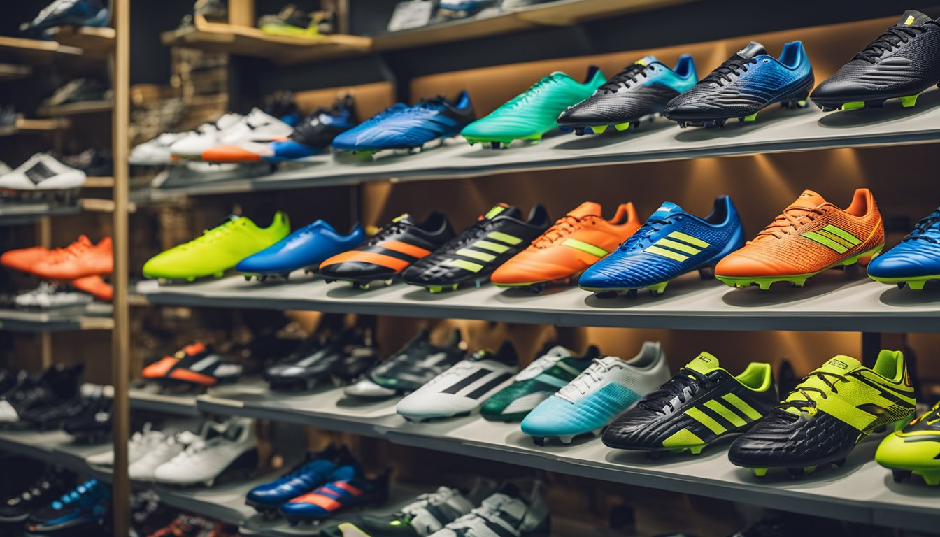 A sports store displays a variety of indoor soccer shoes, with colorful designs and different brands, ready for futsal players to purchase