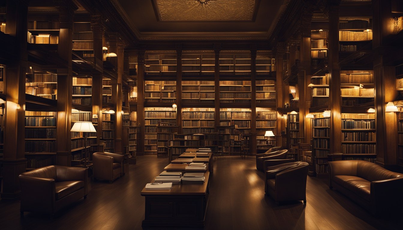 A dimly lit library with shelves filled with suspense novels, a single spotlight illuminating the top-rated books, creating an eerie and intriguing atmosphere