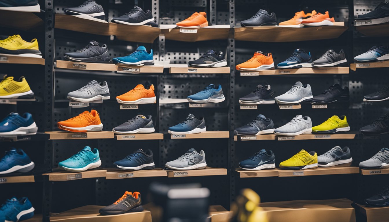 A sports store displays a variety of Crossfit sneakers on shelves