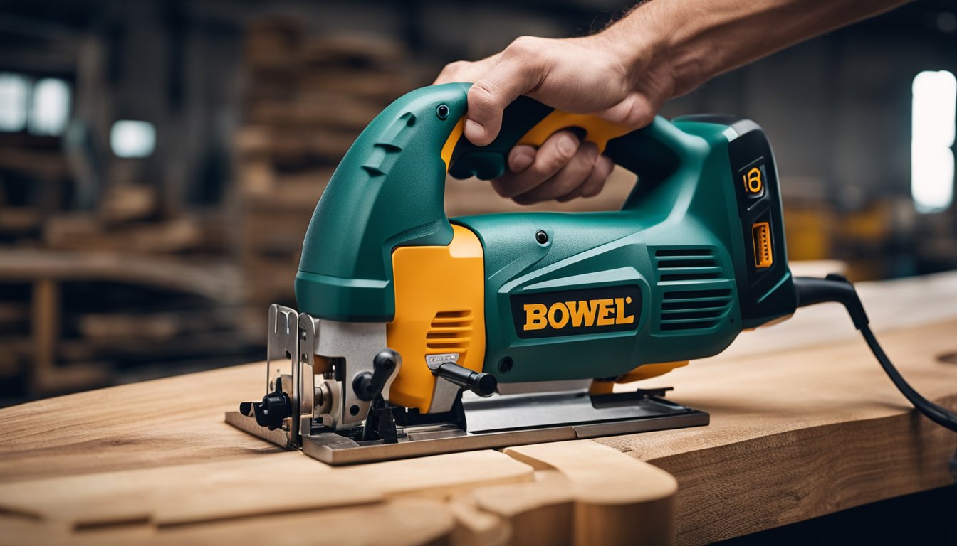 A hand-held jigsaw saw cutting through wood with precision and ease, surrounded by safety equipment and maintenance tools