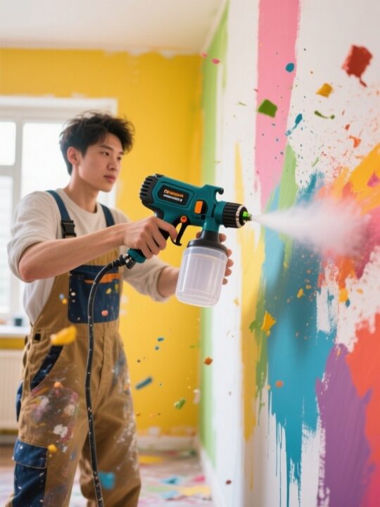 Melhor Pistola Elétrica para Pintura: 10 Melhores em 2025 (Vonder, WAP e mais) 2 An action shot of a person in a painters coverall using an electric pa