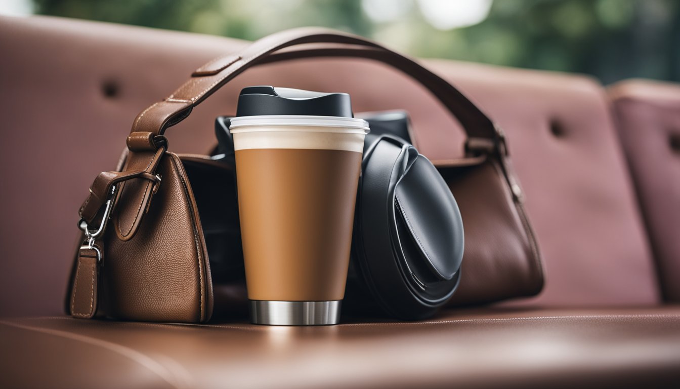 A portable coffee bottle being carried in a handbag
