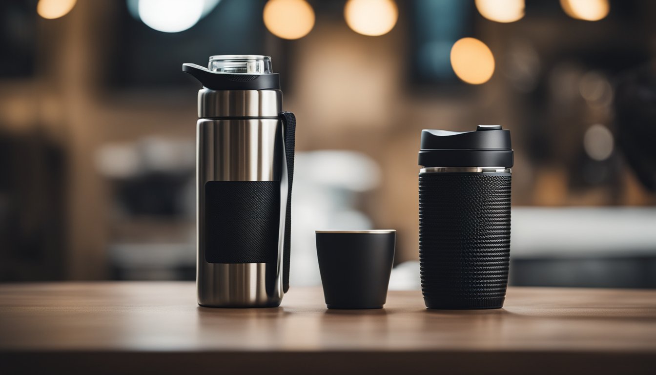 A portable coffee bottle surrounded by complementary accessories