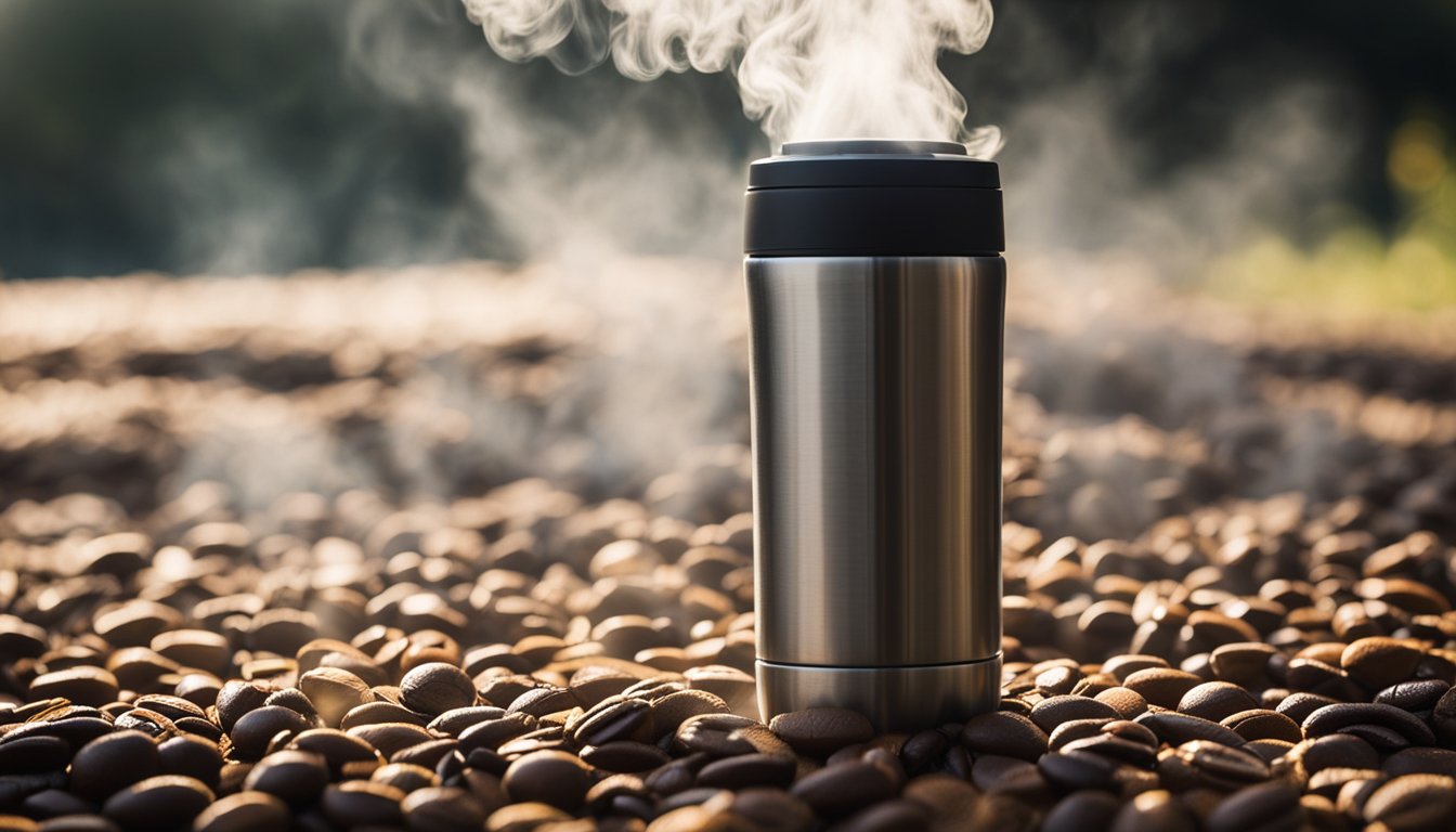 A portable coffee bottle's thermal capacity shown with steam rising from the hot beverage inside, set against a cold outdoor backdrop