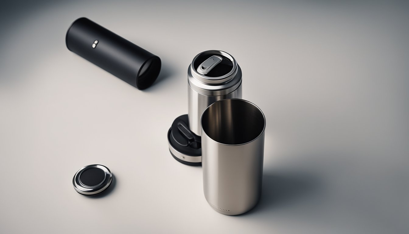 A portable coffee bottle made of sleek metal and durable materials, with a secure lid and a modern, minimalist design