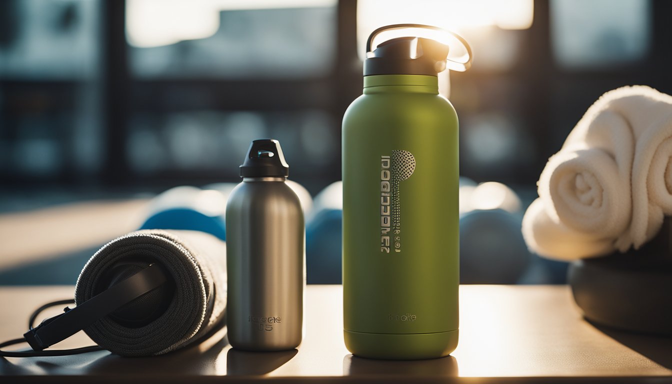 A thermal bottle sits on a gym bench, condensation forming on its sleek surface. Beside it, a towel and a pair of headphones suggest an athlete's presence