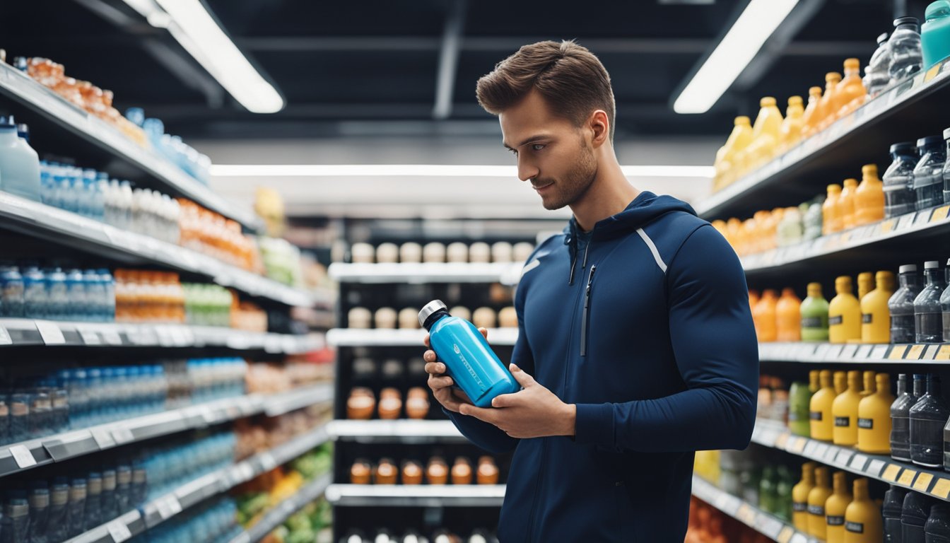 A person selects a thermal bottle for the gym, surrounded by various options on a store shelf