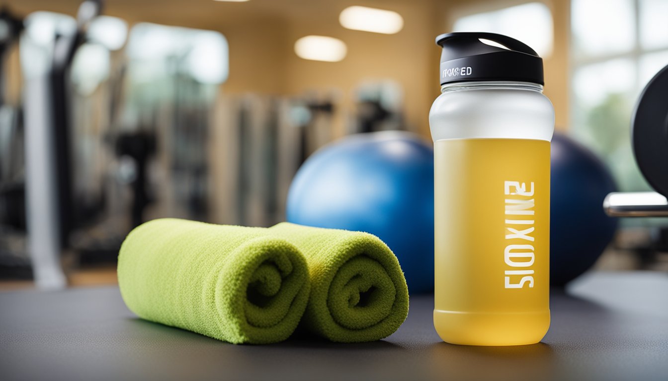 A gym water bottle with "Frequently Asked Questions" printed on it, surrounded by workout equipment and a towel