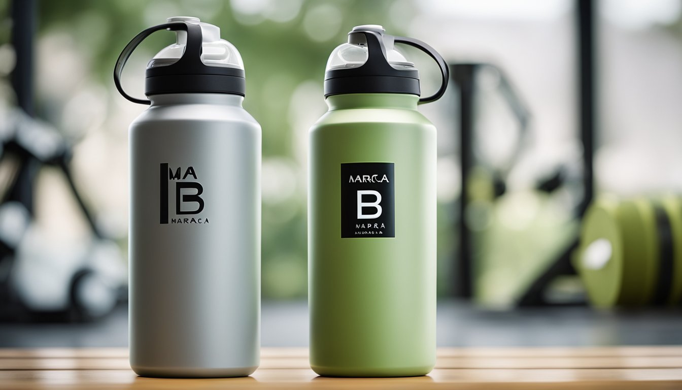 Two thermal water bottles side by side, one labeled "Marca A" and the other labeled "Marca B," with the backdrop of a gym or workout environment