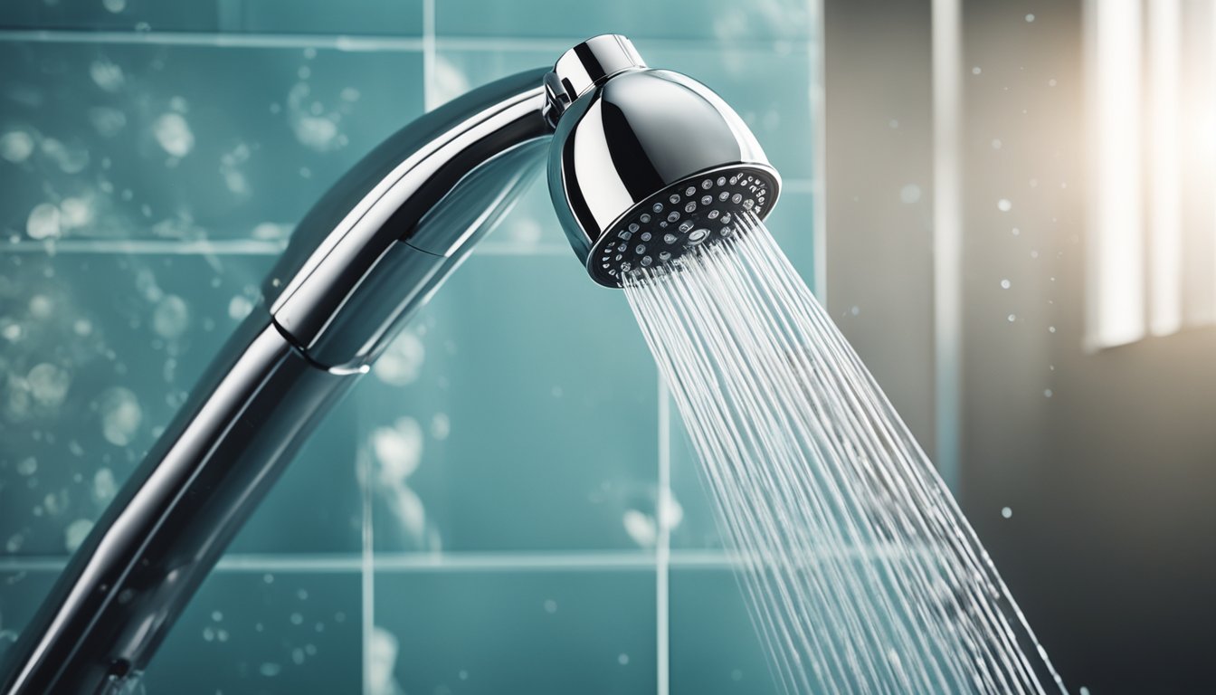 A powerful shower head with a built-in pressurizer spraying water in a modern, sleek bathroom