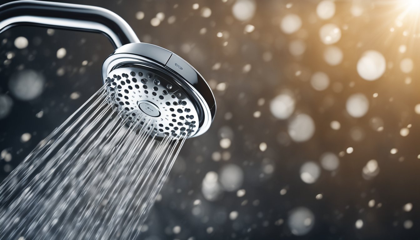 A shower head with a built-in water pressure booster, surrounded by droplets of water, with a caption "Solving Low Water Pressure Issues - Better Shower with Pressurizer"