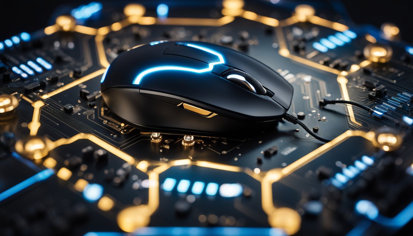 A high-tech gaming mouse surrounded by connectivity technologies