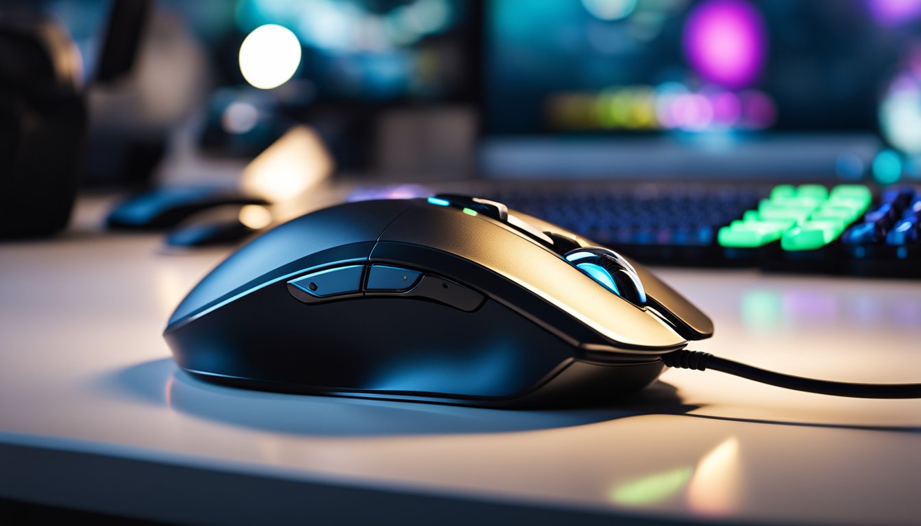 A sleek, modern gaming mouse with customizable LED lights and ergonomic design, surrounded by high-tech gaming accessories
