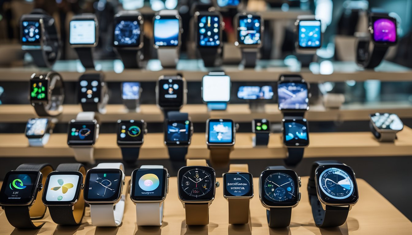 A display of affordable smartwatches with various features and prices, showcased in a modern and well-lit electronics store