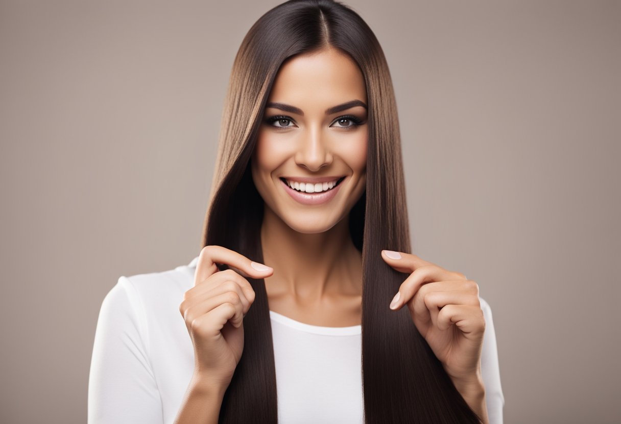 A woman with smooth, sleek hair smiles as she runs her fingers through her newly straightened locks, showcasing the benefits of a high-quality hair straightening treatment