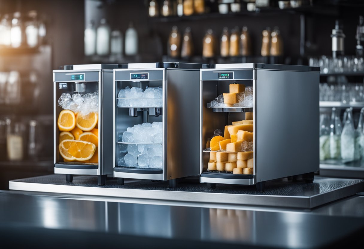 A variety of ice machines in a commercial setting, with different sizes and shapes, producing ice cubes and blocks