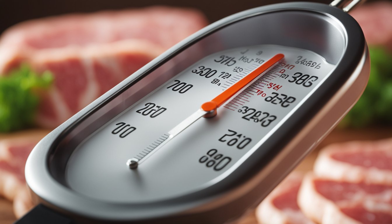 A meat thermometer inserted into a piece of meat to check its temperature