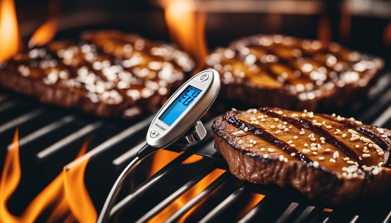A digital meat thermometer inserted into a juicy steak on a sizzling hot grill