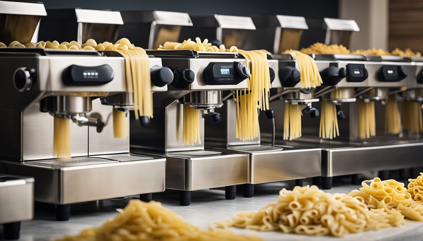 A variety of pasta machines lined up on a kitchen counter, including manual and electric models, with different shapes and sizes of pasta being produced