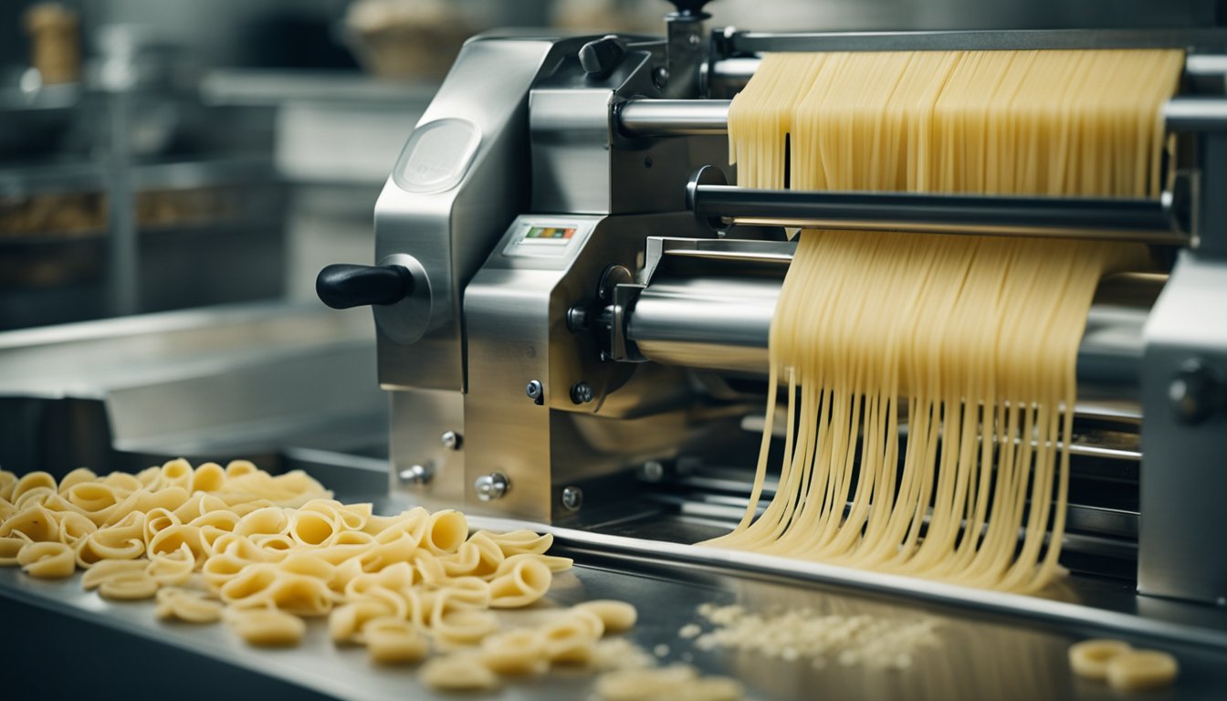 A professional pasta machine in use, extruding fresh pasta dough into long, thin strands