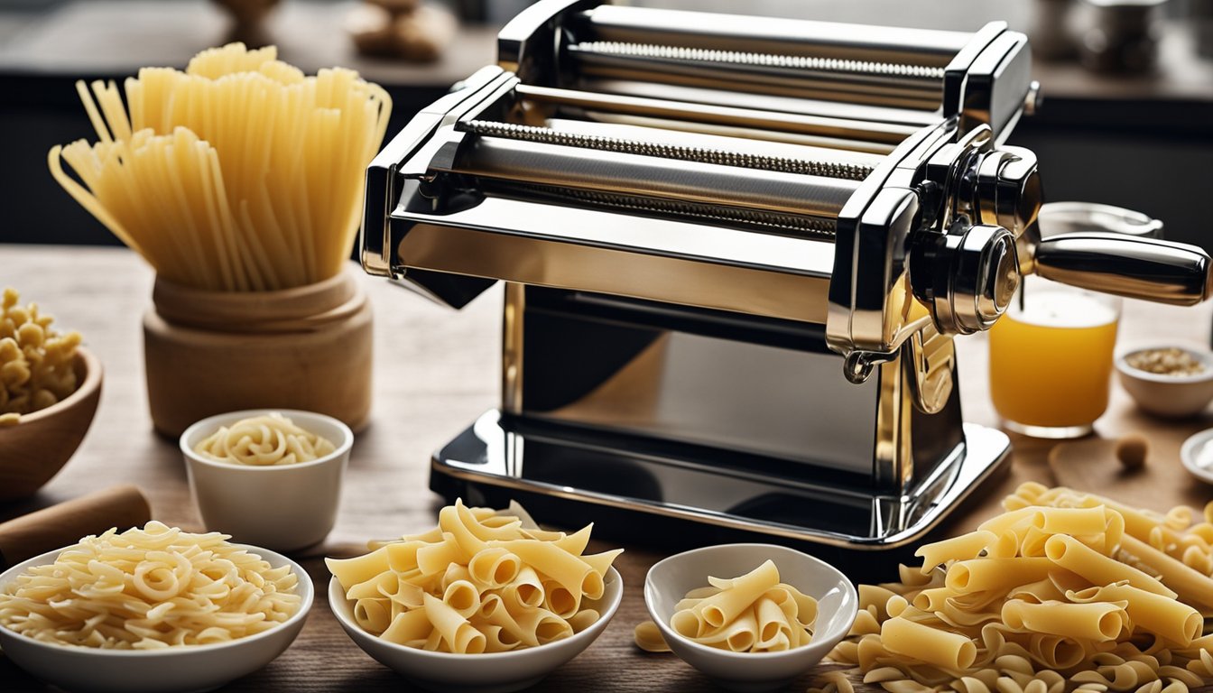A table with a hand-cranked pasta machine, surrounded by various pasta-making accessories and utensils