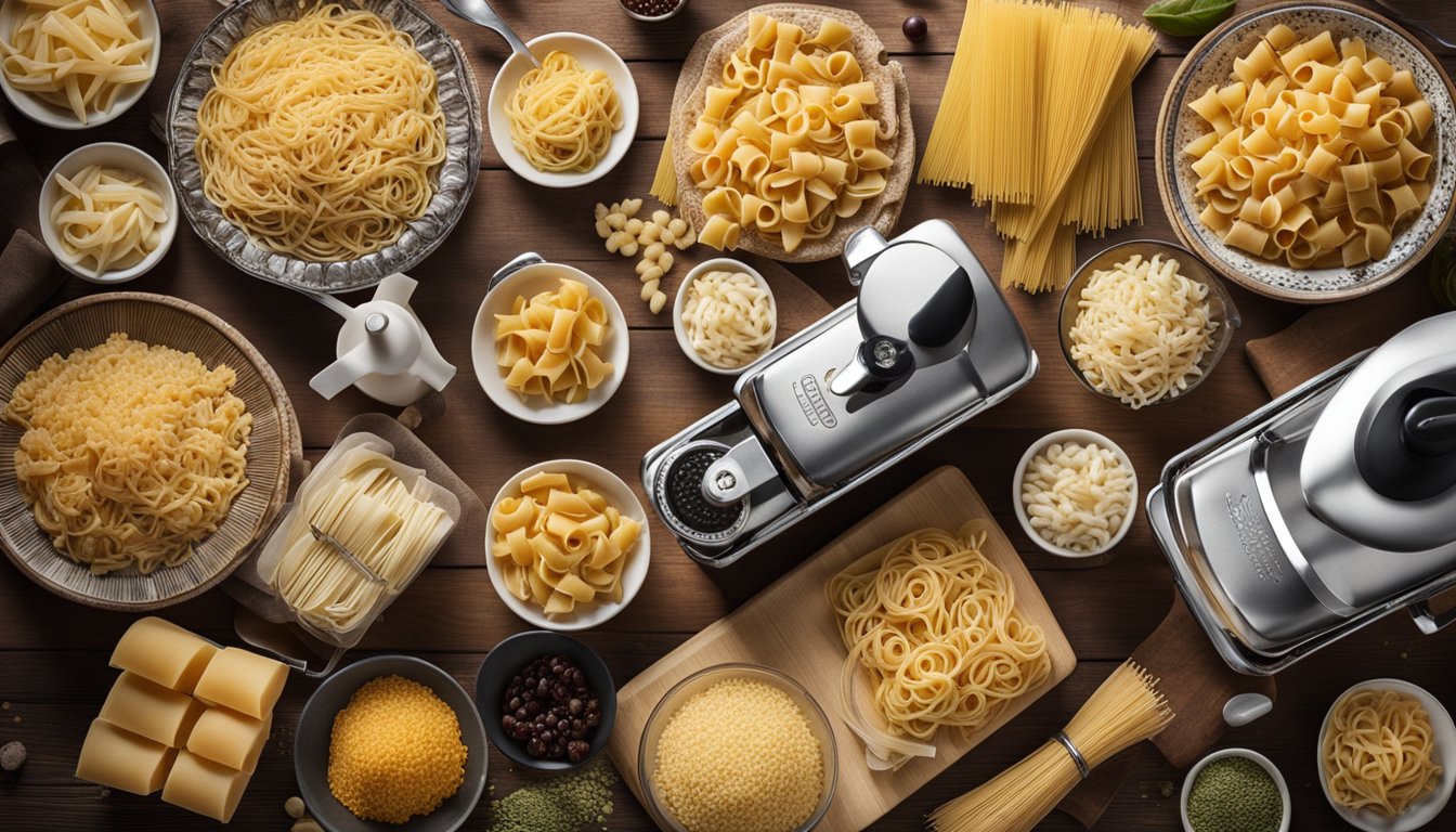 A table with various brands of pasta machines displayed, surrounded by ingredients and utensils