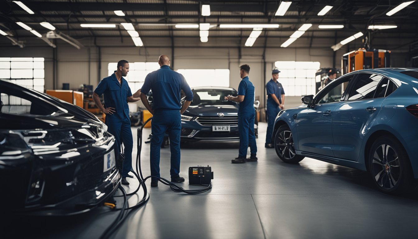 A car battery charger being tested with various cars in a garage, with technicians evaluating performance and durability