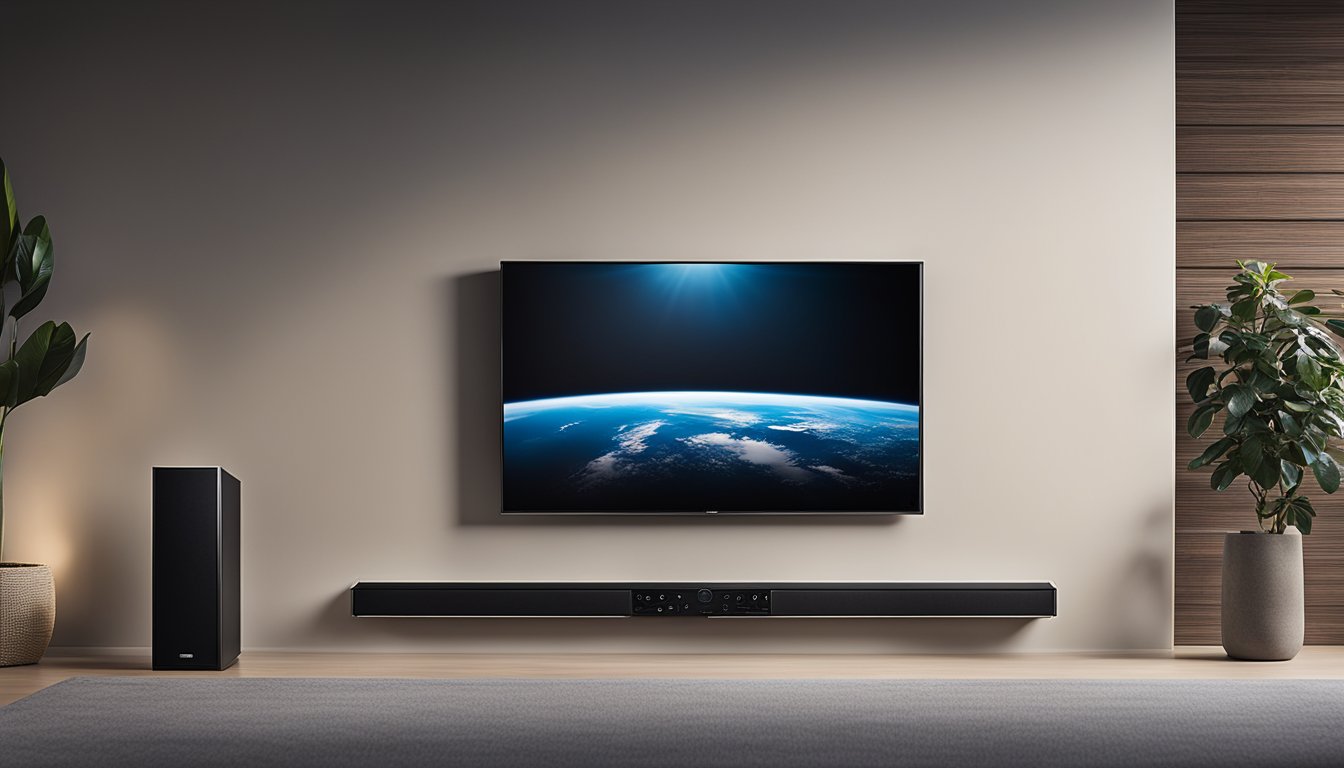 A sleek, modern soundbar sits beneath a wall-mounted TV, emitting powerful, crisp audio
