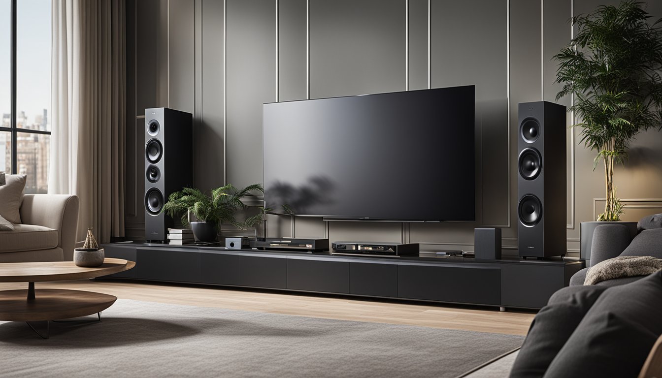 A soundbar being installed and configured in a living room setup