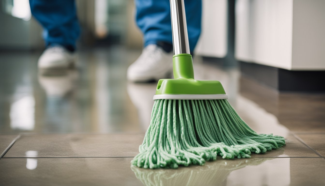 A mop applying cleaning solution to a dirty floor, restoring its shine