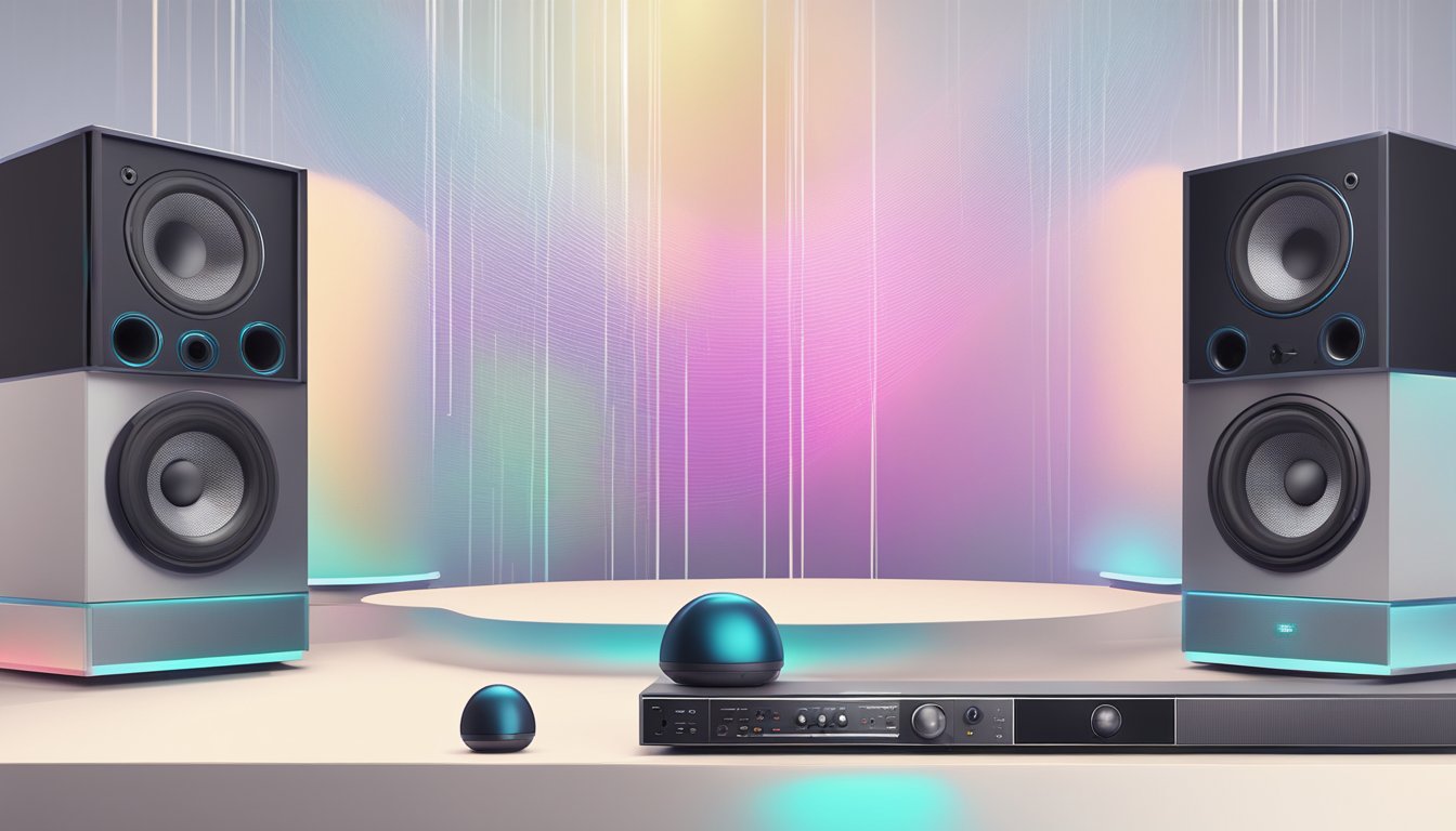 A speaker emitting high-quality sound waves in a modern, minimalist setting