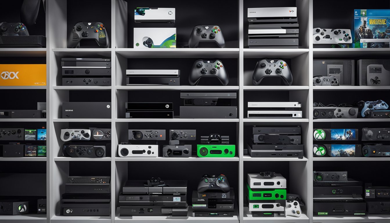 A shelf with various Xbox console options, a controller, and game cases displayed. The year 2024 is subtly referenced in the background