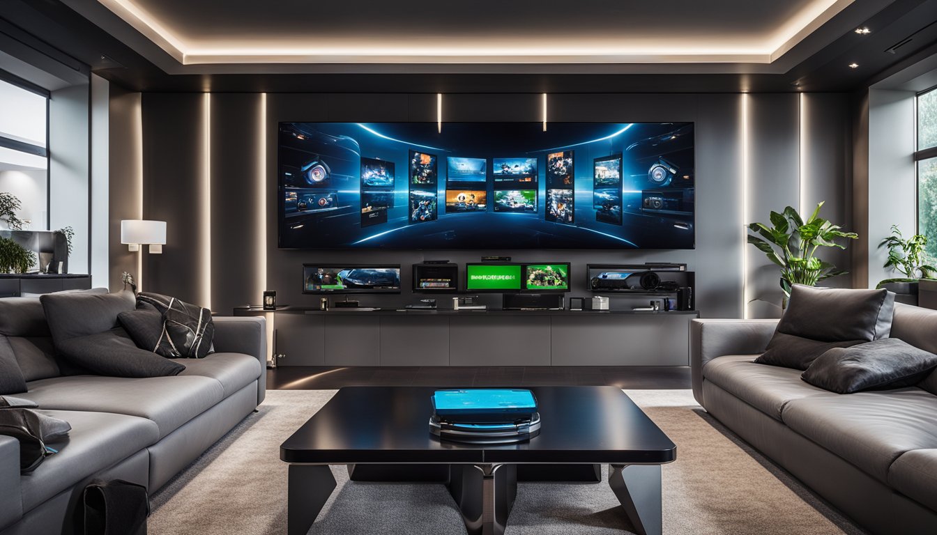 A futuristic living room with multiple Xbox consoles and controllers, showcasing an array of exclusive games on large screens, with a sleek and modern design aesthetic