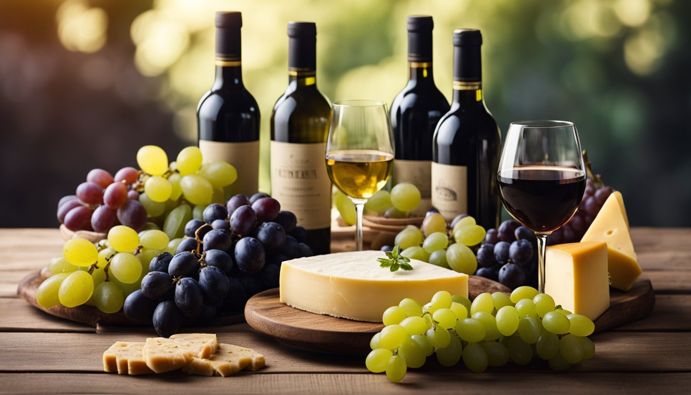 A table with assorted bottles of sweet and smooth wines, accompanied by grapes and cheese