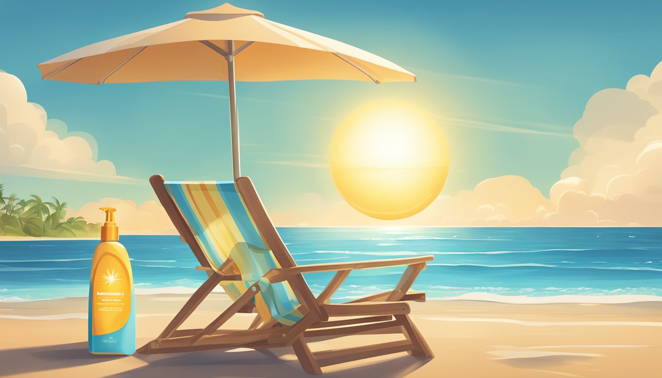 A beach scene with sunscreen, beach chair, and a bottle of tanning accelerator. Blue sky, warm sun, and calm ocean waves in the background