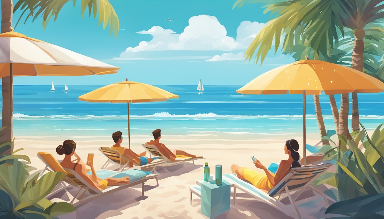 A beach scene with sunbathers using top 10 tanning accelerators, lounging under umbrellas and palm trees, with clear blue skies and sparkling ocean