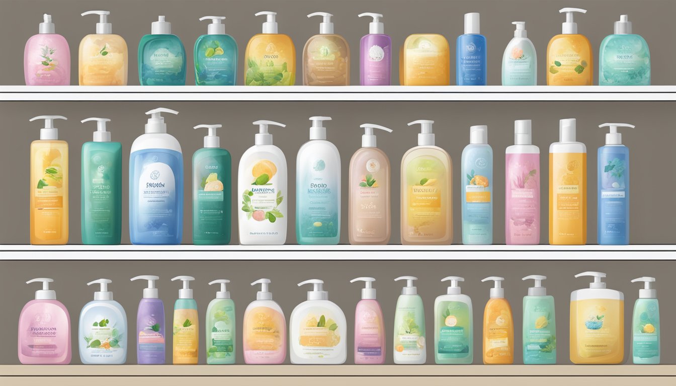 A variety of shampoo bottles lined up on a shelf, each labeled with different hydrating ingredients and benefits