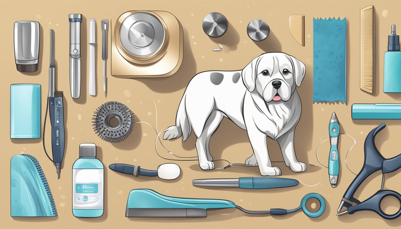 A dog nail being gently and carefully filed by an electric nail grinder, surrounded by various grooming tools and products