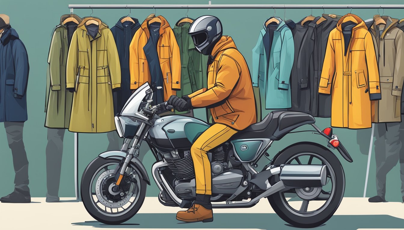 A motorcyclist carefully selects the perfect raincoat from a display of top 10 options, considering size, material, and style