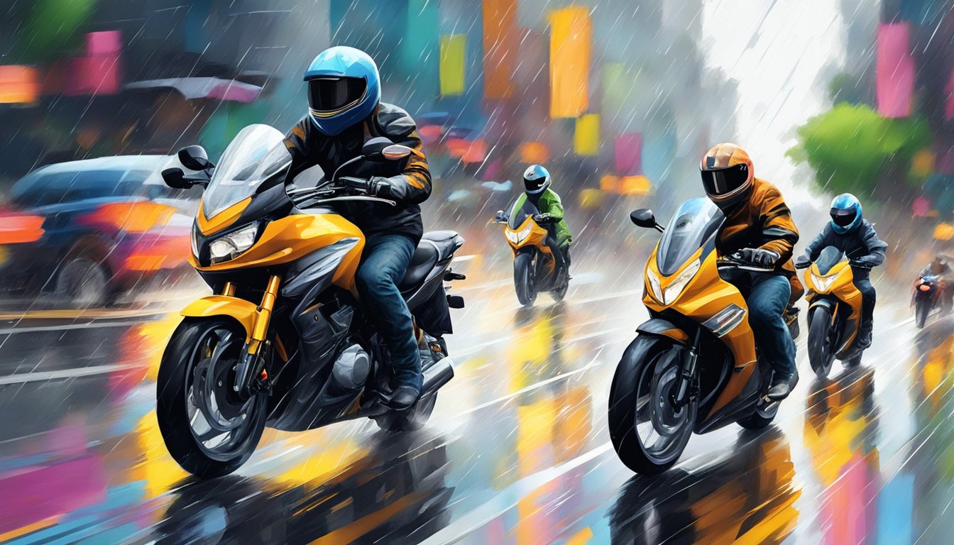 A group of motorcycle riders with colorful rain covers speeding through a rainy city street