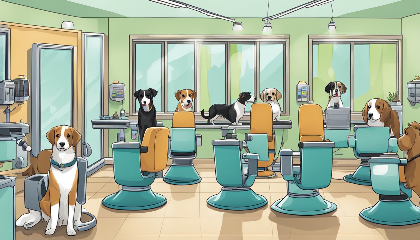 A lineup of top 10 pet grooming machines, with dogs and cats surrounding them, eagerly awaiting their turn for a trim