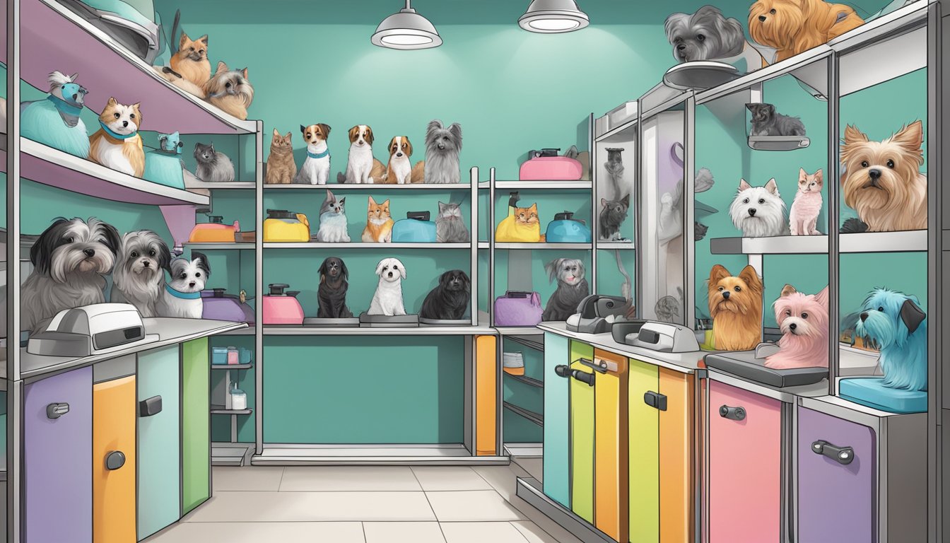 A variety of pet grooming machines displayed on a shelf, with dogs and cats in the background