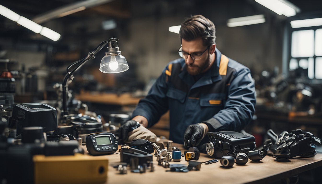 A technician checks and repairs motorcycle anti-theft alarms in a workshop. Tools and equipment are scattered around the workbench