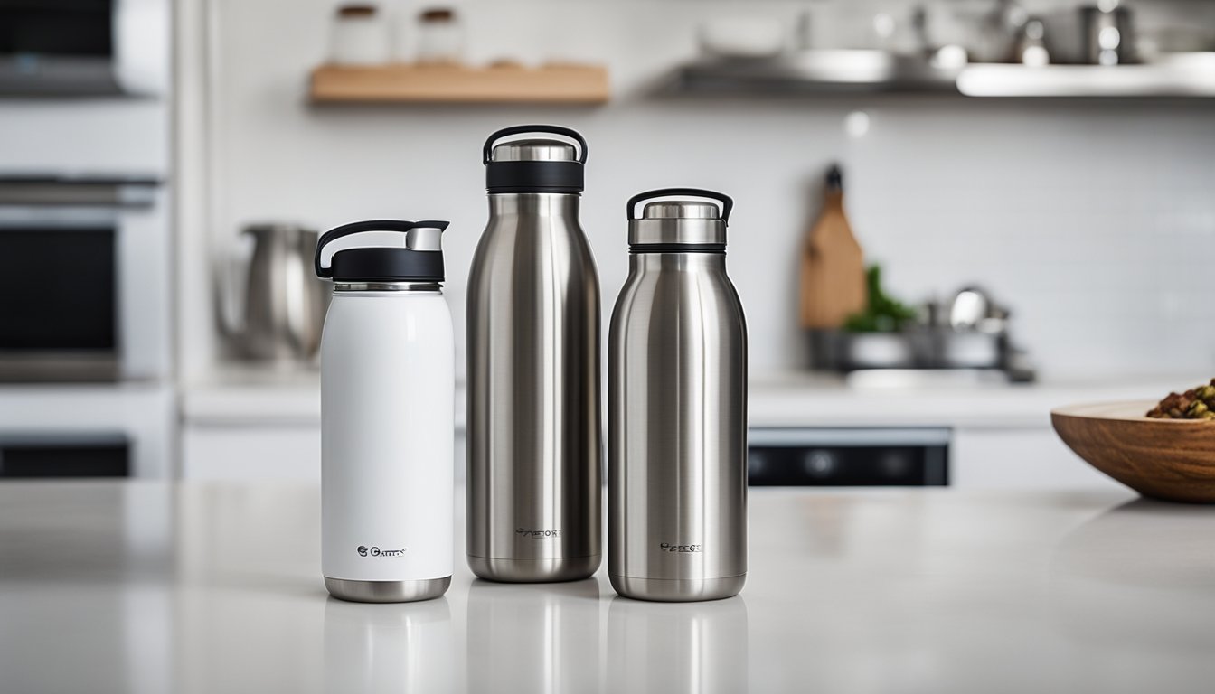 Two stainless steel thermal bottles, one sleek and modern, the other classic and durable, sitting side by side on a clean, white countertop