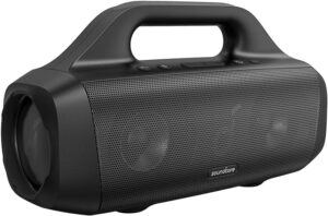 Caixa de Som Bluetooth Anker Soundcore Motion Boom com drivers Titanium tecnologia BassUp IPX7 a prova dagua tempo de reproducao 24h aplicativo Soundcore alca embutida alto falante